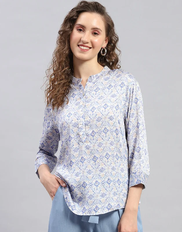 Women Sky Blue Printed  Mandarin Neck 3/4 Sleeve Top Feminine Women's Soft 