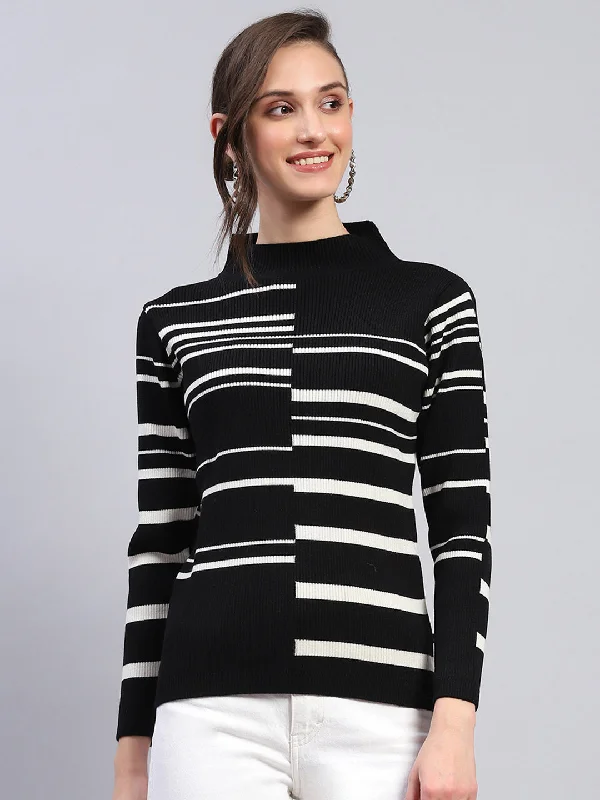 Women Black Self Design Band Collar Full Sleeve Winter Tops Stylish Women's Tropical 