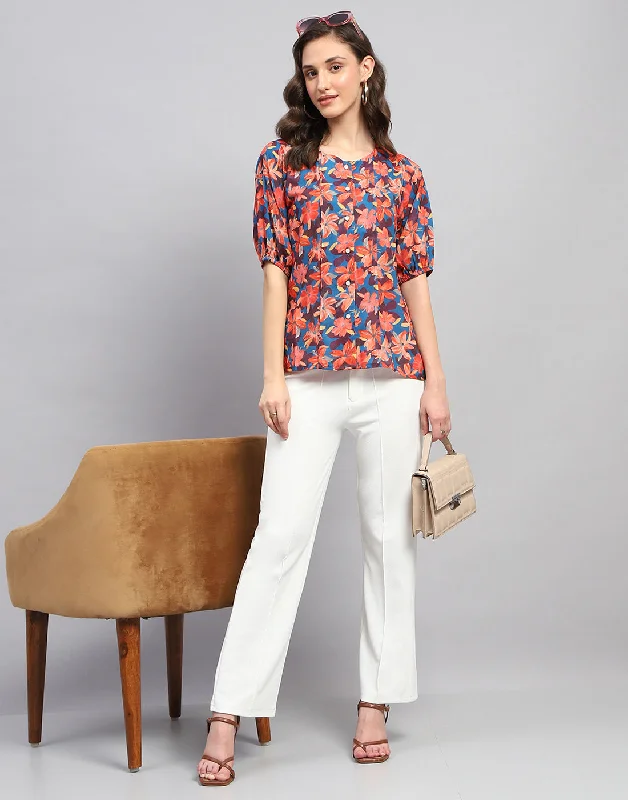 Women Blue Printed Round Neck Half Sleeve Top Cool Women's Distressed