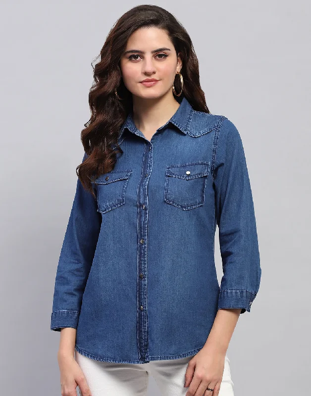 Women Blue Light Wash Front Open 3/4 Sleeve Top Traditional Women's Wool