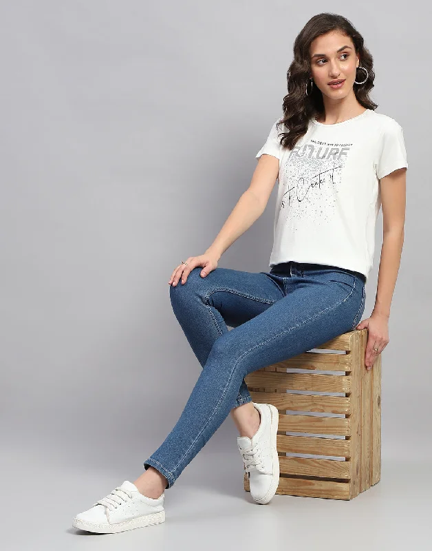 Women White Printed Round Neck Half Sleeve Top Women