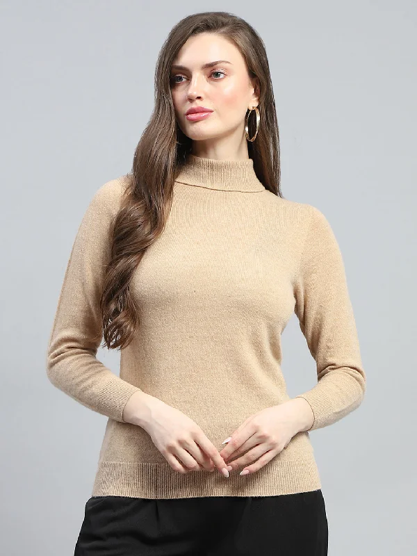 Women Beige Solid High Neck Full Sleeve Winter Tops Sporty Women's Athleisure 