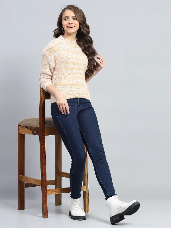 Women Orange Self Design Round Neck Full Sleeve Winter Top Relaxed Women's 