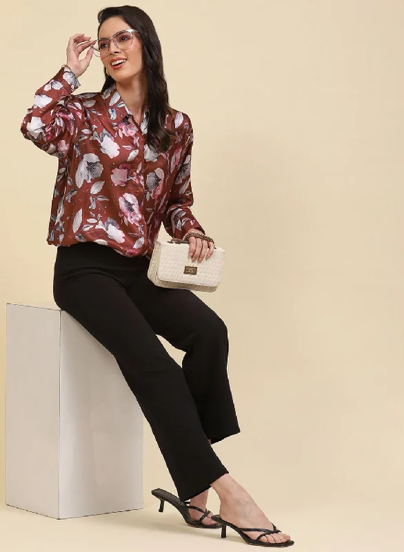 Women Rust Brown Printed Top Monochromatic Office Style