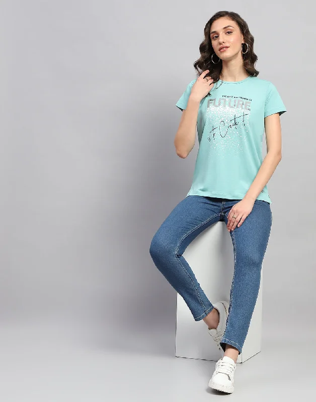 Women Blue Printed Round Neck Half Sleeve Top Rugged Women's Outdoor 