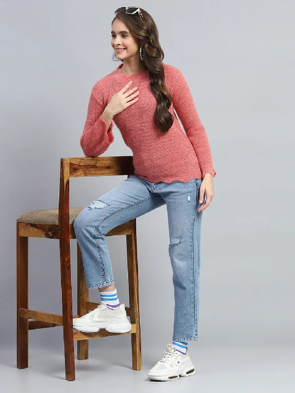 Women Pink Solid Round Neck Full Sleeve Winter Top Sustainable Organic