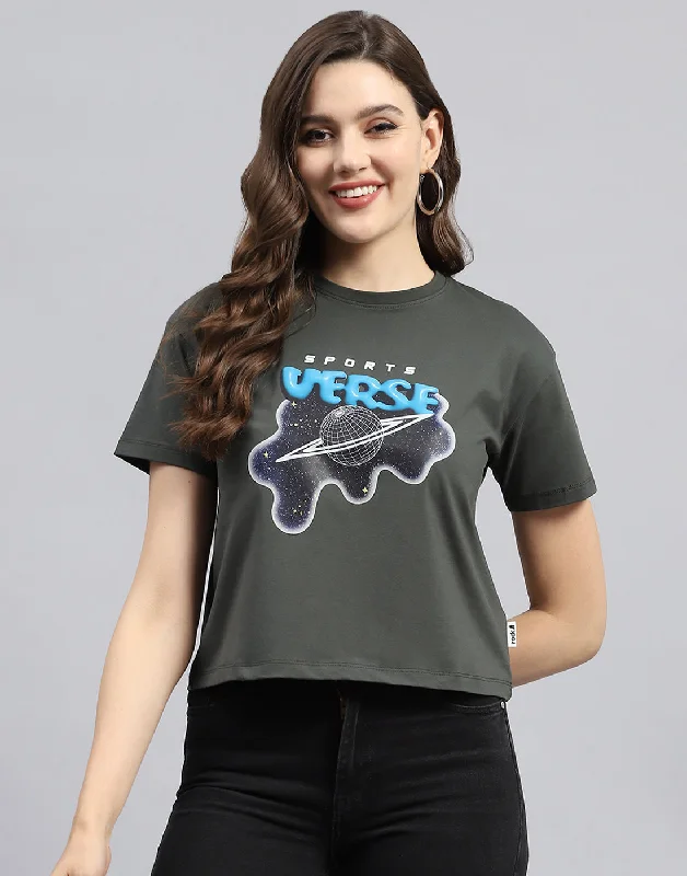 Women Grey Printed Round Neck Half Sleeve Top Hip Women's Urban