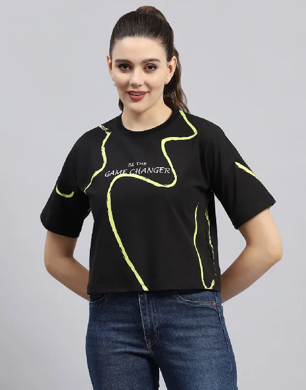 Women Black Printed Round Neck Half Sleeve Top Monochromatic All - in - one