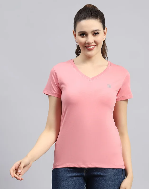 Women Pink Solid V Neck Half Sleeve Top Tough Women's Military - inspired