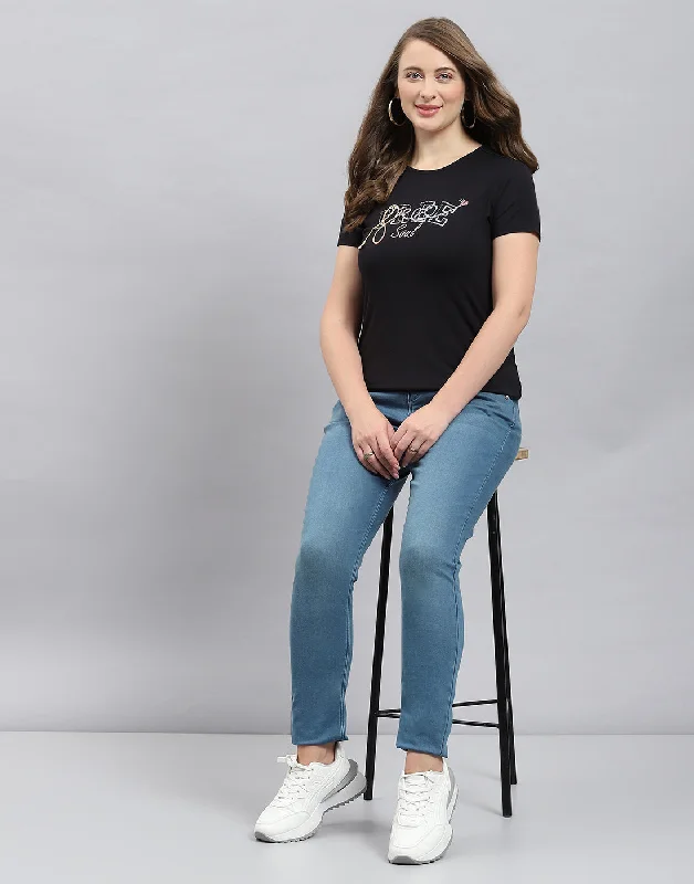 Women Black Solid Round Neck Half Sleeve Top Dapper Women's Bow - adorned