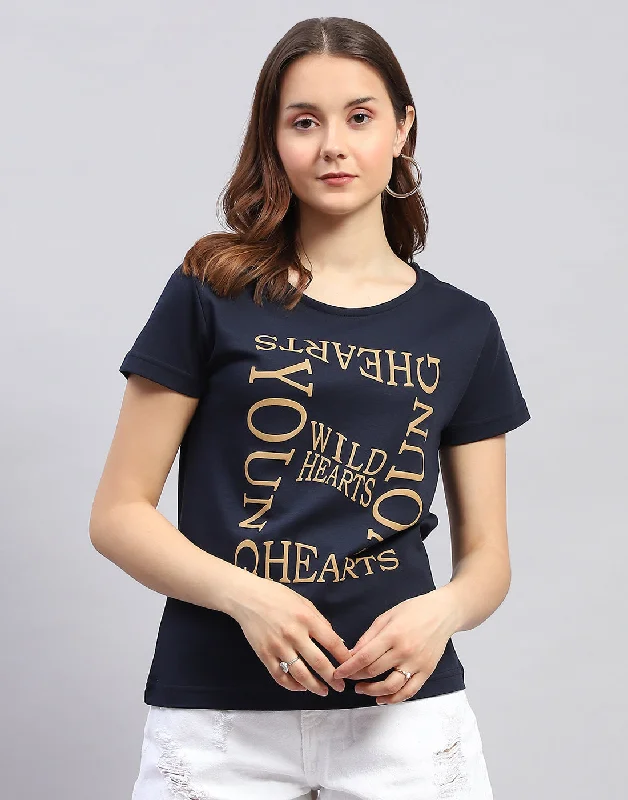 Women Navy Blue Printed Round Neck Half Sleeve Top Relaxed Women's Beachy