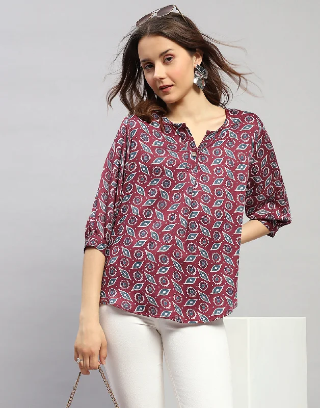 Women Maroon Printed V Neck 3/4 Sleeve Top Casual Women's Loose - fitting
