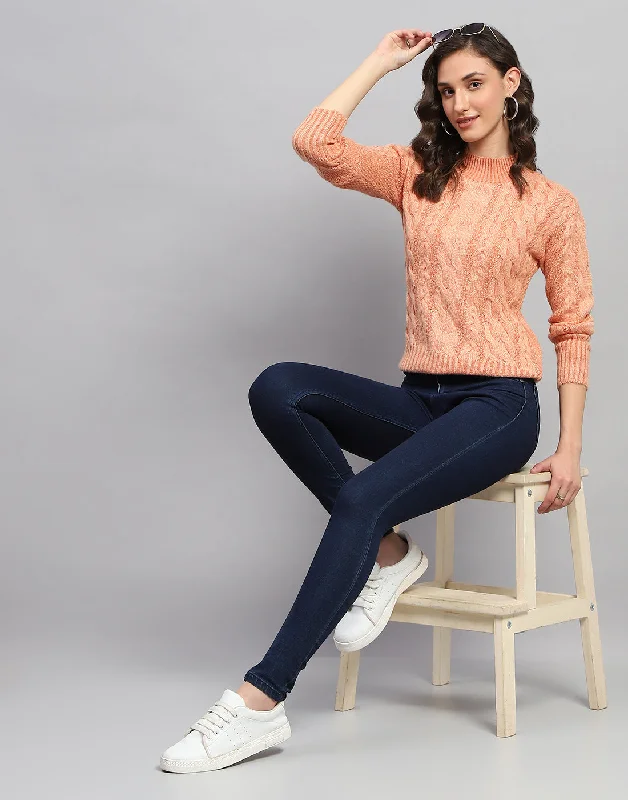 Women Peach Solid Turtle Neck Full Sleeve Winter Top Casual Women's Japanese 