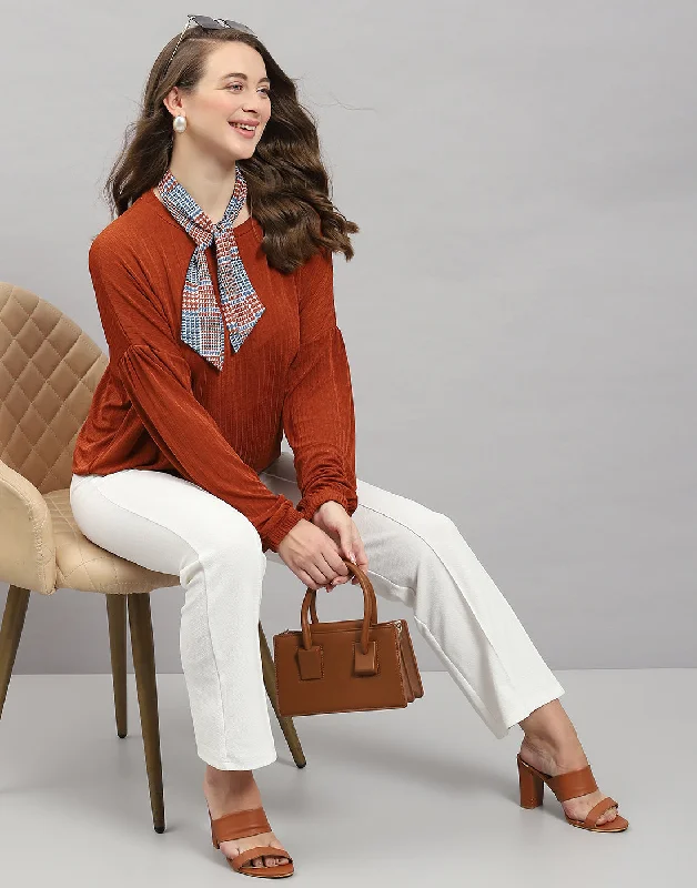 Women Rust Self Design Round Neck Full Sleeve Winter Top Geometric