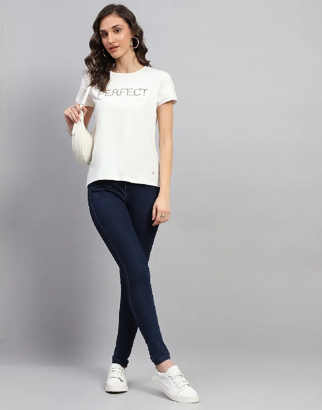 Women White Solid Round Neck Half Sleeve Top Business