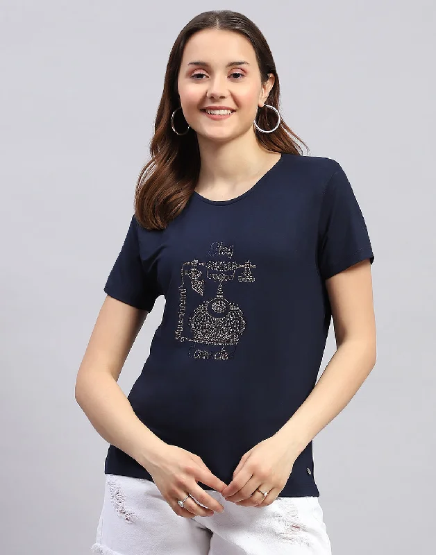 Women Navy Blue Printed Round Neck Half Sleeve Top Traditional Women's Wool