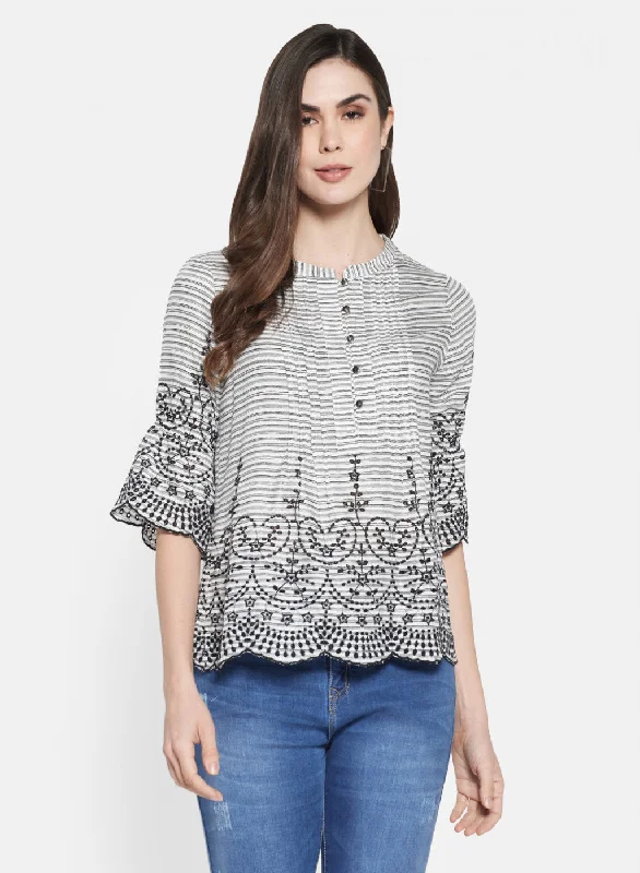 Womens Off White & Black Embroidered Top Sustainable Organic