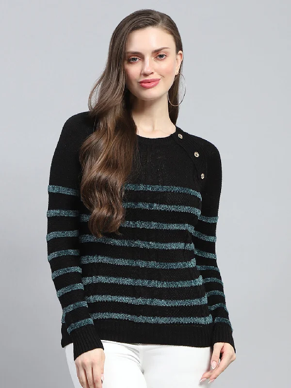Women Black Stripe Round Neck Full Sleeve Winter Tops French
