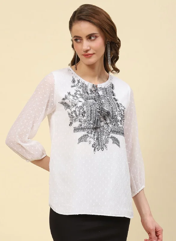 Women White Embroidered Top Cashmere
