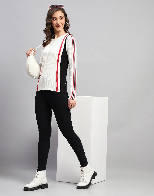 Women White Solid Round Neck Full Sleeve Winter Top Sophisticated Women's 
