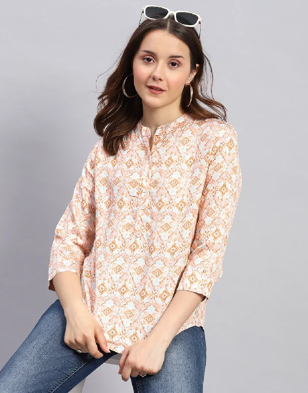 Women Peach Printed  Mandarin Neck 3/4 Sleeve Top Sophisticated Women's Tailored