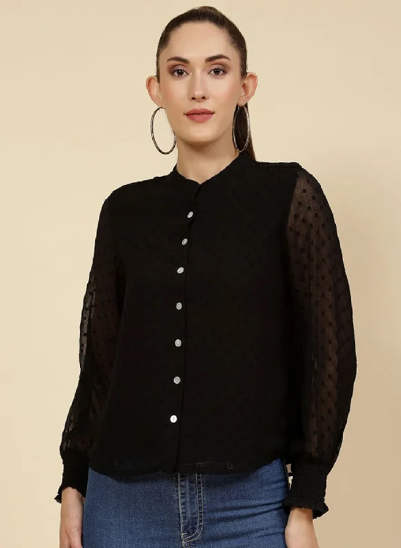 Women Black Self Design Top Refined Women's Classic 