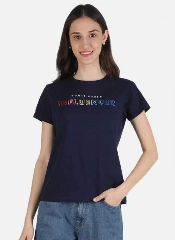 Women Navy Blue Embroidered Top Trendy Women's Oversized
