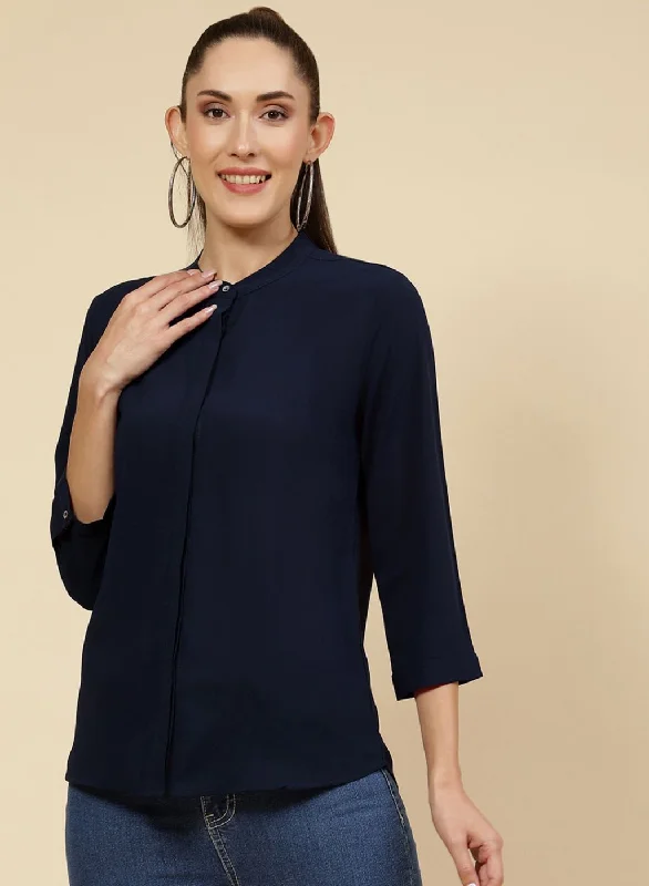 Women NAvy Blue Solid Top Refined Women's Classic 