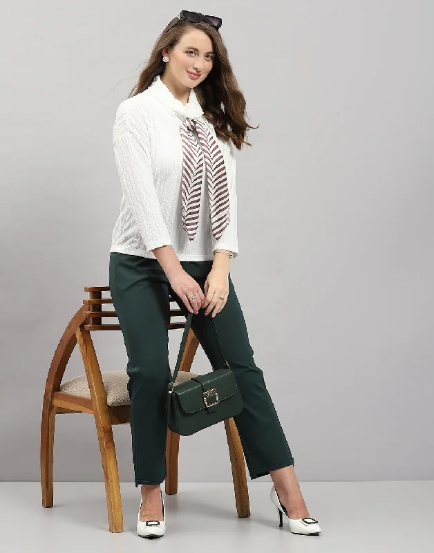 Women White Solid Mock Neck Full Sleeve Winter Top Relaxed Women's Beachy