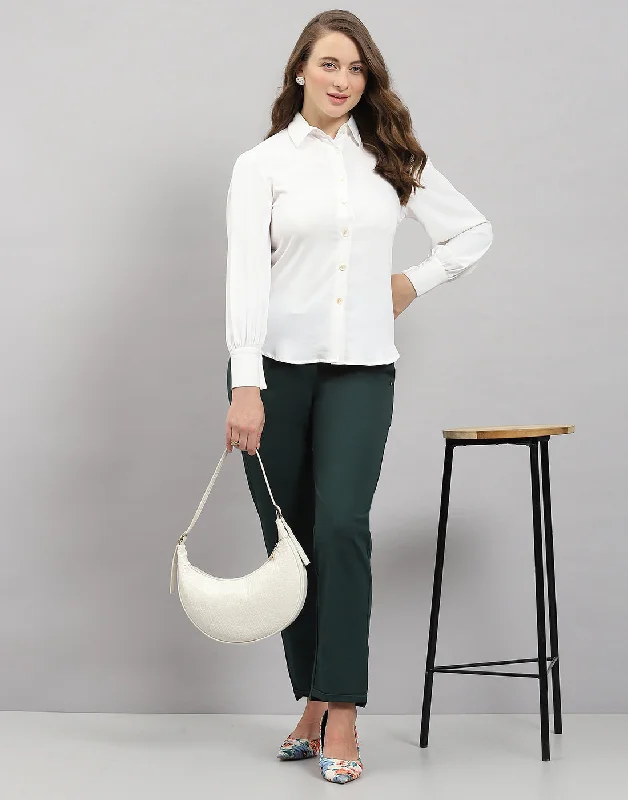 Women White Solid Collar Full Sleeve Top Sporty Women's Tennis
