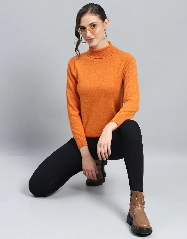Women Orange Solid Turtle Neck Full Sleeve Winter Top Polished Women's Silk