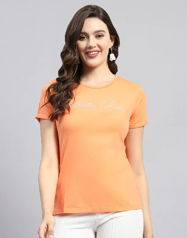 Women Orange Solid Round Neck Half Sleeve Top Contemporary 