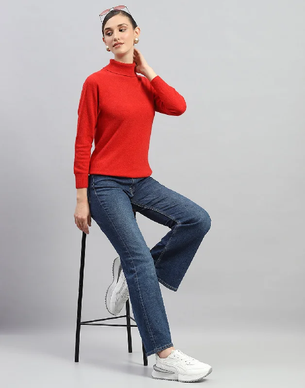 Women Red Solid Turtle Neck Full Sleeve Winter Top Cashmere