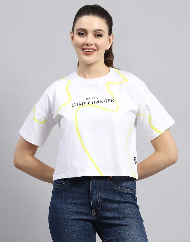 Women White Printed Round Neck Half Sleeve Top Dapper Women's 1920S
