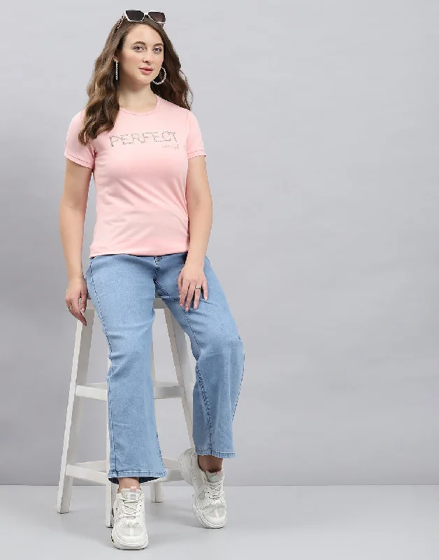 Women Pink Solid Round Neck Half Sleeve Top Sporty Women's Athleisure 