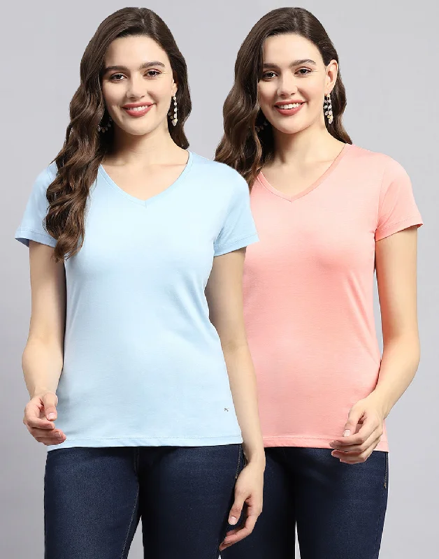 Women Pink & Blue Solid V Neck Half Sleeve Top (Pack of 2) Artistic Women's Avant - 