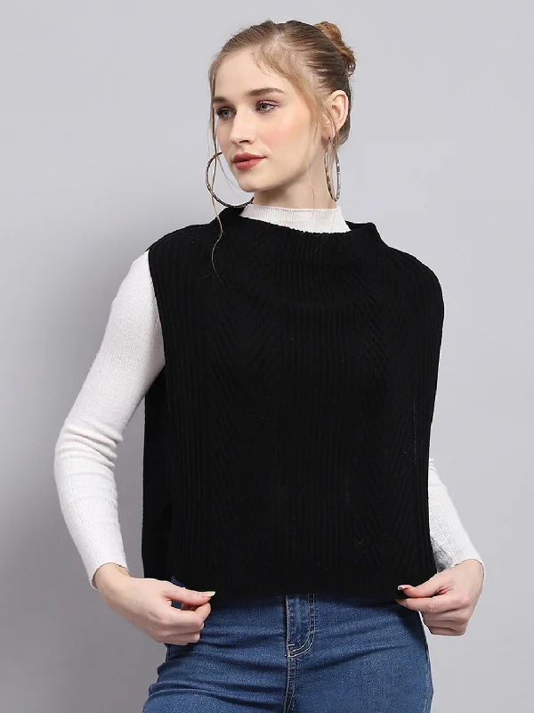 Women Black Self Design Round Neck Sleeveless Winter Tops Business