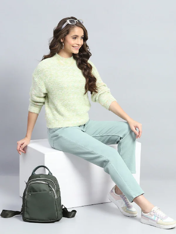 Women Green Self Design Round Neck Full Sleeve Winter Top European