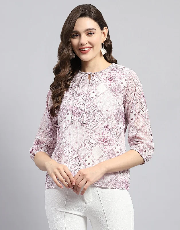 Women Purple Printed Round Neck Full Sleeve Top Refined Women's 