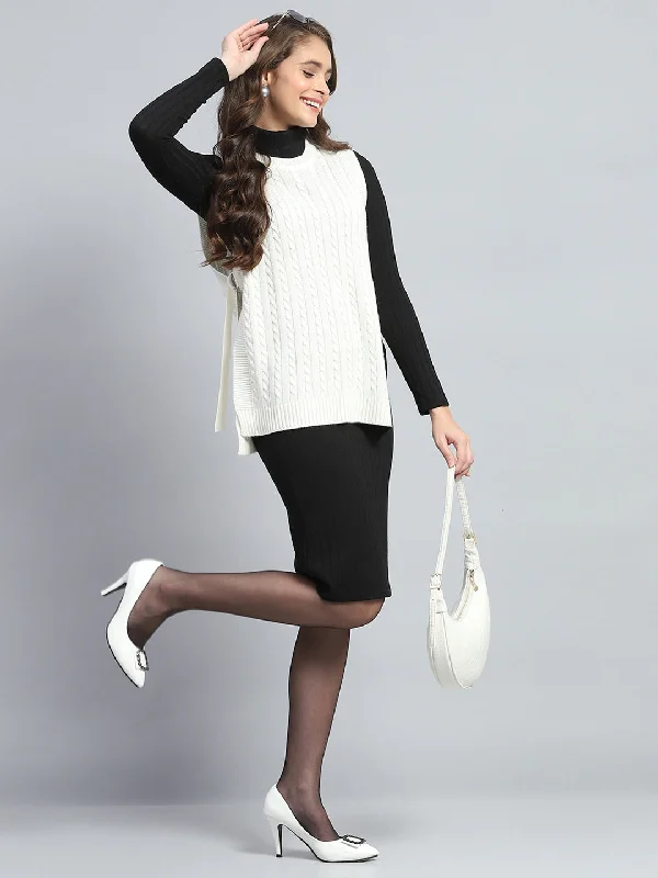 Women White Self Design Round Neck Sleeveless Winter Top performance