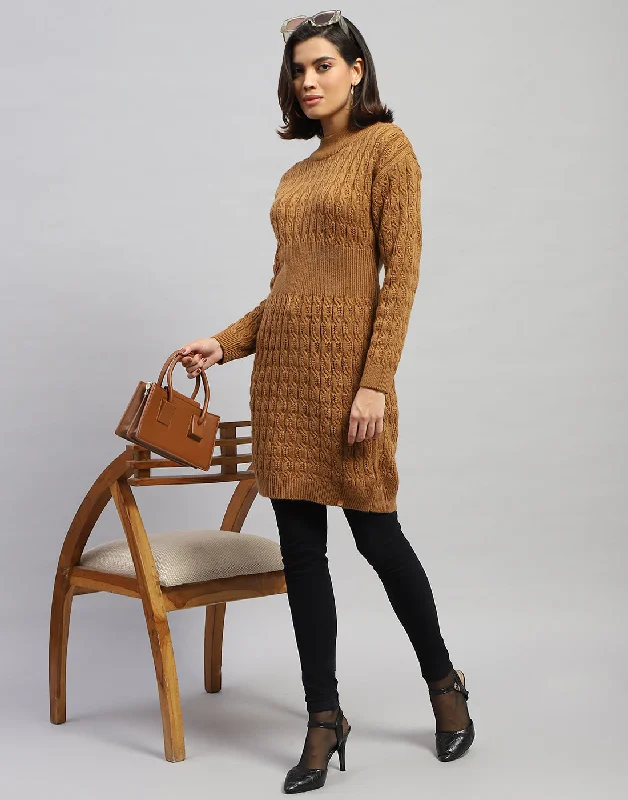 Women Brown Self Design High Neck Full Sleeve Winter Top Feminine Women's Style 