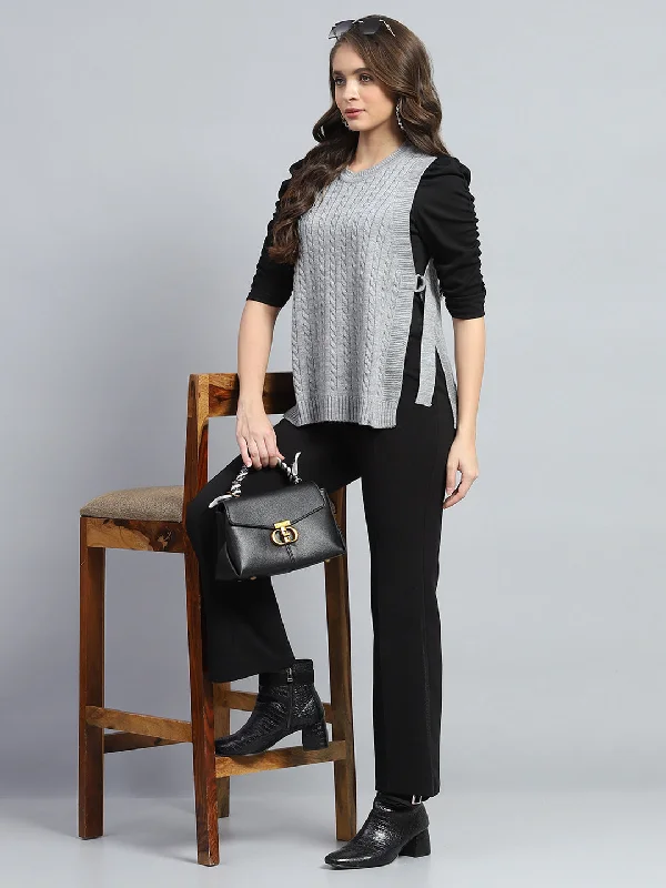 Women Grey Self Design Round Neck Sleeveless Winter Top Modern Women's 
