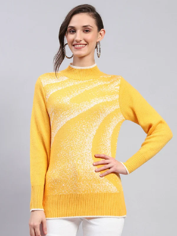 Women Yellow Self Design Band Collar Full Sleeve Winter Tops garde
