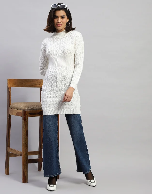 Women Off White Self Design High Neck Full Sleeve Winter Top Luxurious Women's High -  end