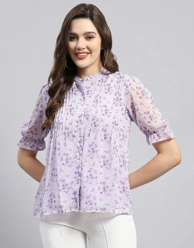 Women Purple Printed Mandarin Neck Half Sleeve Top Relaxed Women's 