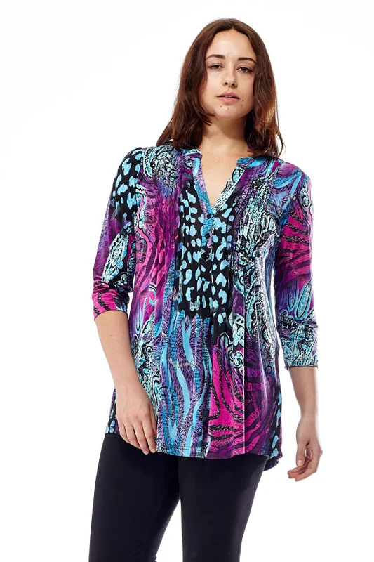 La Cera Pleat Front Printed Tunic Purple Vintage Women's 1970S 