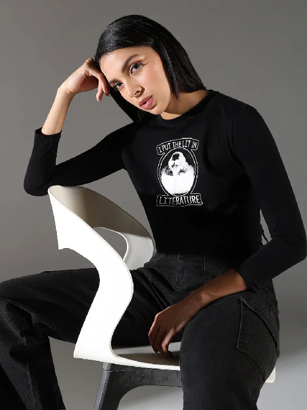 Women Graphic Black Crop T Shirt Vacation