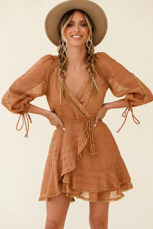 Wilde Balloon Sleeve Crochet Trim Dress Tan British Gentlewoman Style