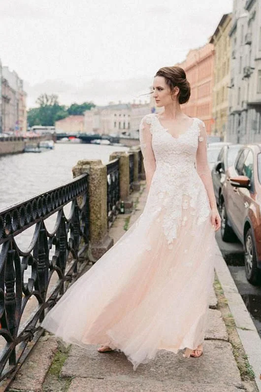 Illusion Long-sleeves Lace Wedding Gown with Blush Pink Tulle Skirt Monochromatic All - in - one