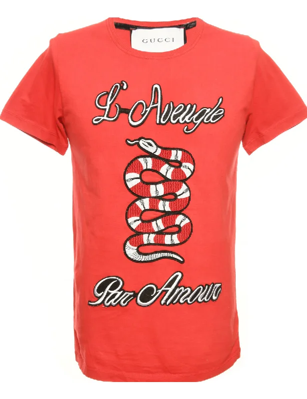Bootleg Gucci Embroidered Red Printed T-shirt - M Casual Women's Japanese 